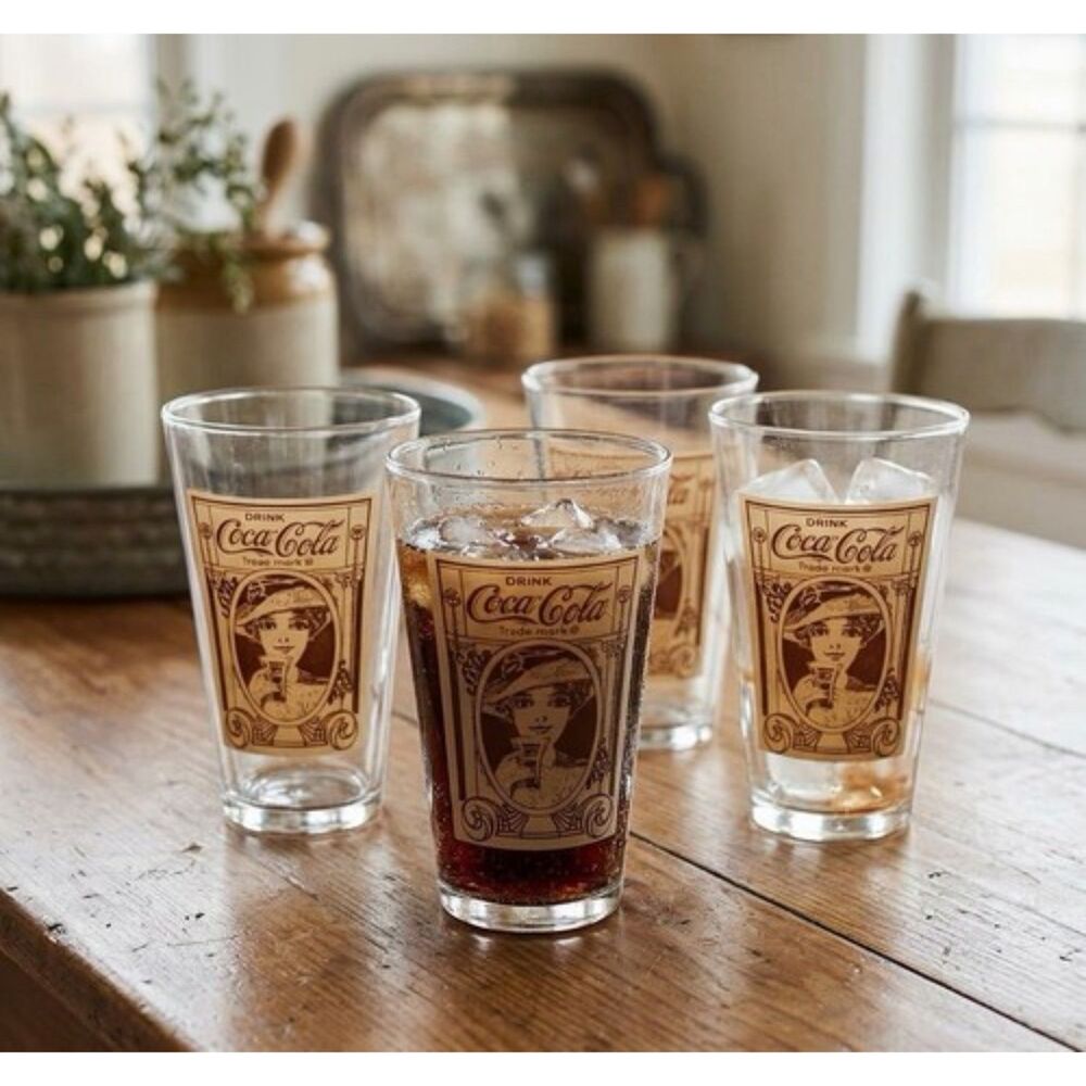 Coca Cola Turn Of The Century Inspired 16oz Flair Top Glass Cup Set Of 4 Vintage